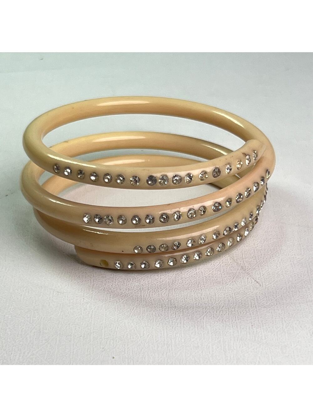 Vintage Celluloid Rhinestone Coiled Cuff Bracelet Cream Silver Tone Art Deco